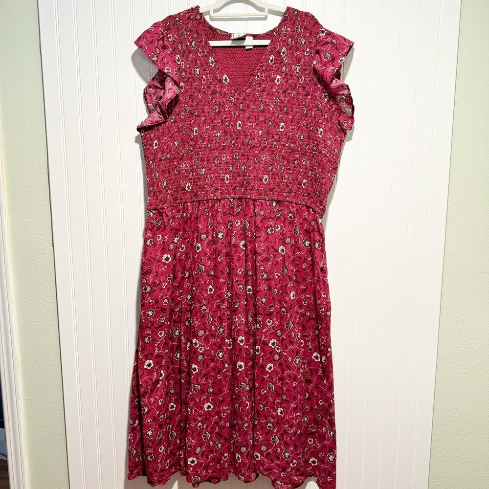 Lea Magenta Pink Floral Smocked Midi Dress Cotton Plus Size 3X